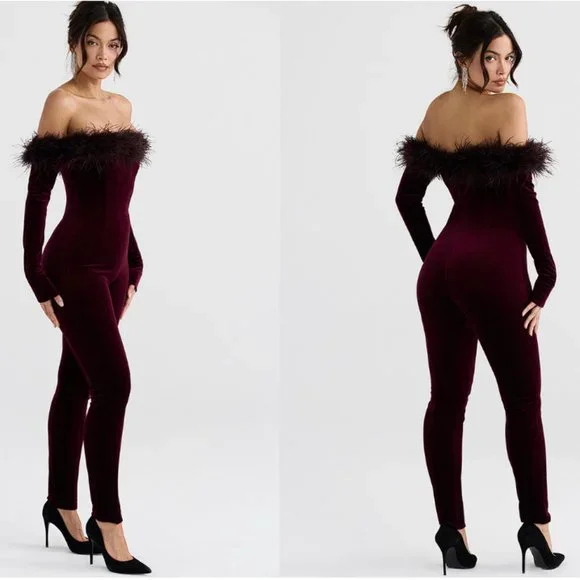 House of CB 'Salima' Dark Cherry Velvet Feather Jumpsuit NWT